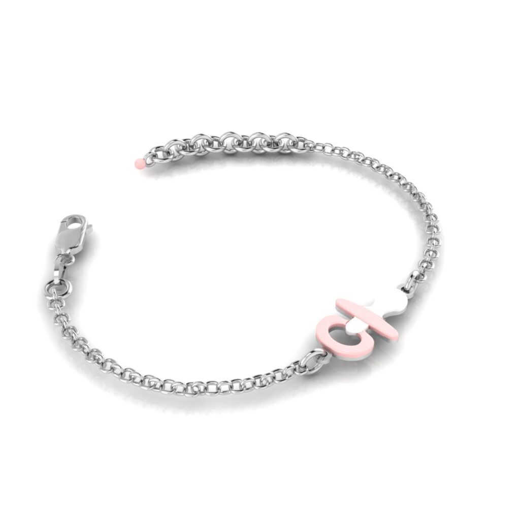 bracciale in argento con ciuccio smaltato rosa (lato destro)