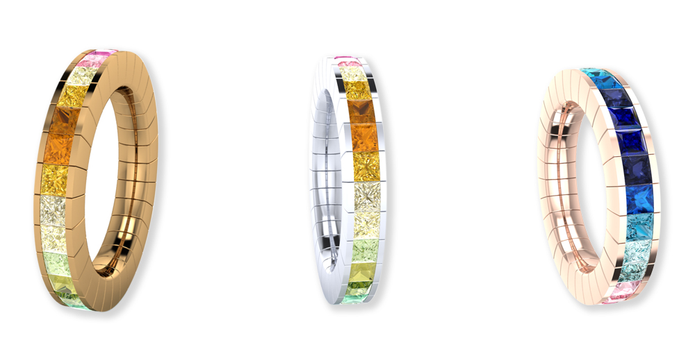 anelli modulabili in oro e zaffiri arcobaleno